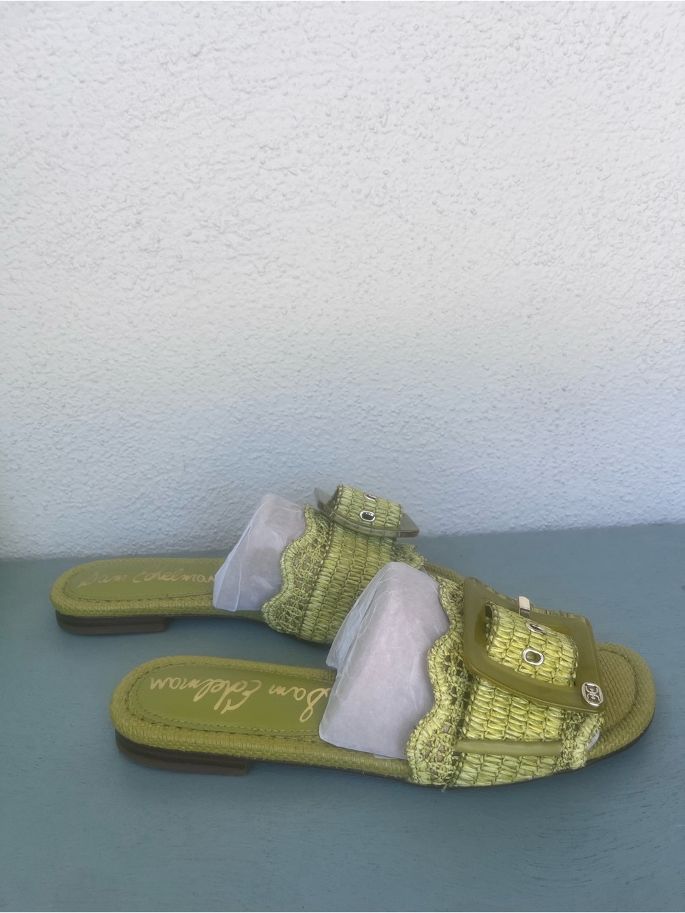 Sam Edelman Green Woven Slide Sandals with Decorative Buckle, Shoe Box included - Picture 4 of 8